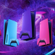 Different color PS5s hover suspended in galactic space.